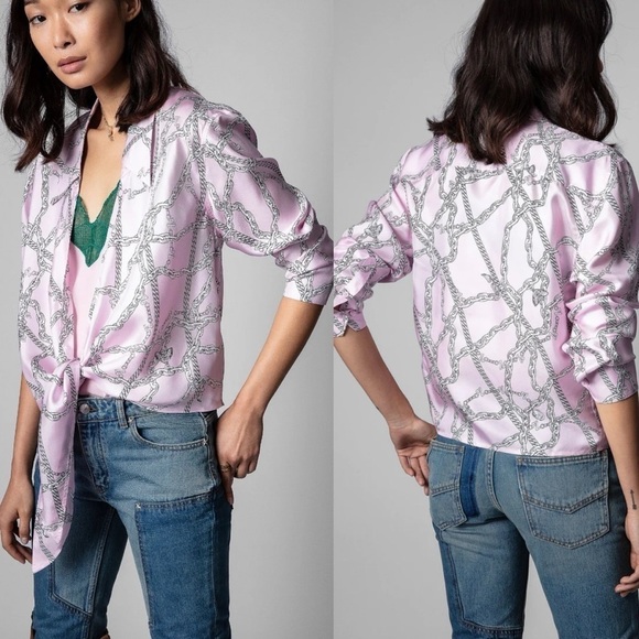 Zadig & Voltaire Toupy Twill Chaines Skull Printed Silk Tie Blouse Chain… - Picture 5 of 15